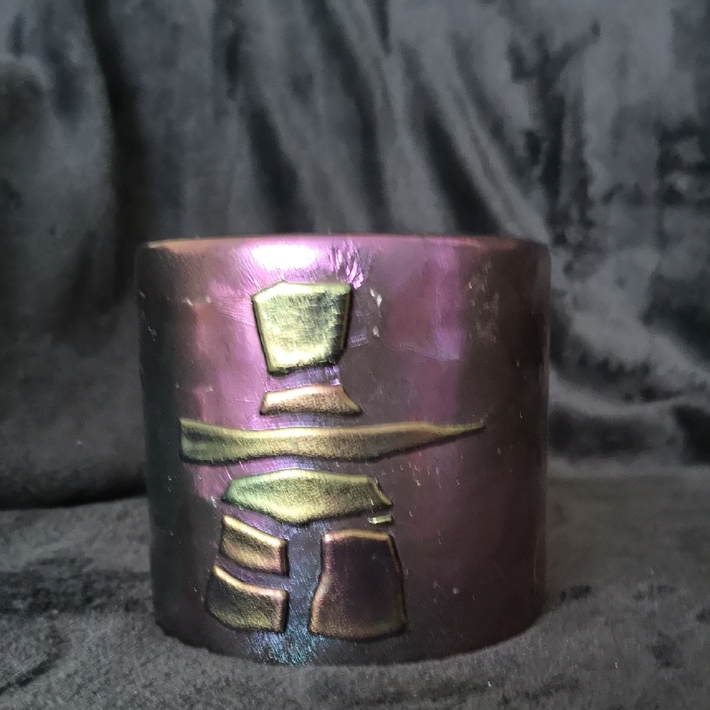 Lovely Fused Glass Iridescent Purple and Gold Candle Front Display Made Canada